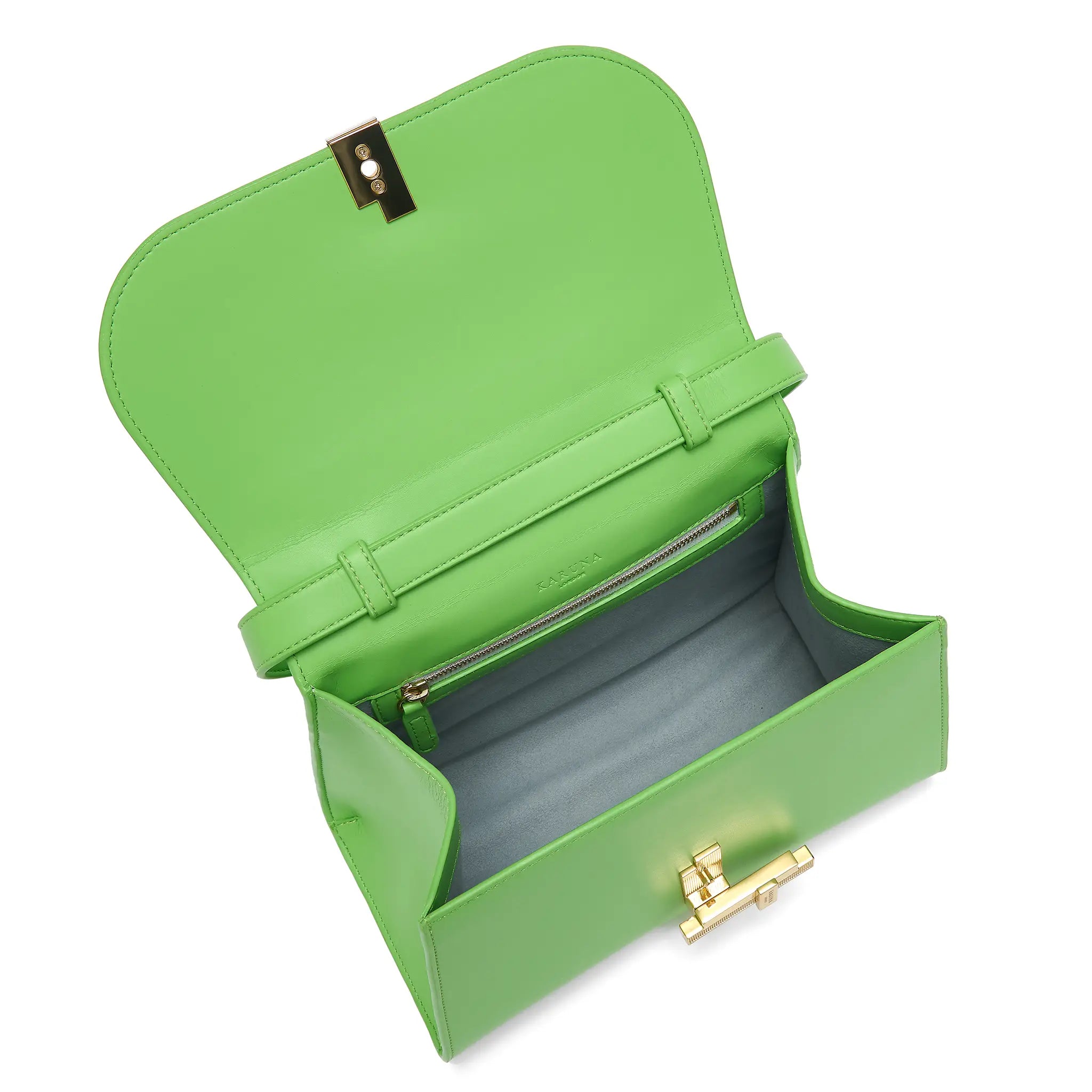 Karuna London Maddox apple greentop handle bag inside view