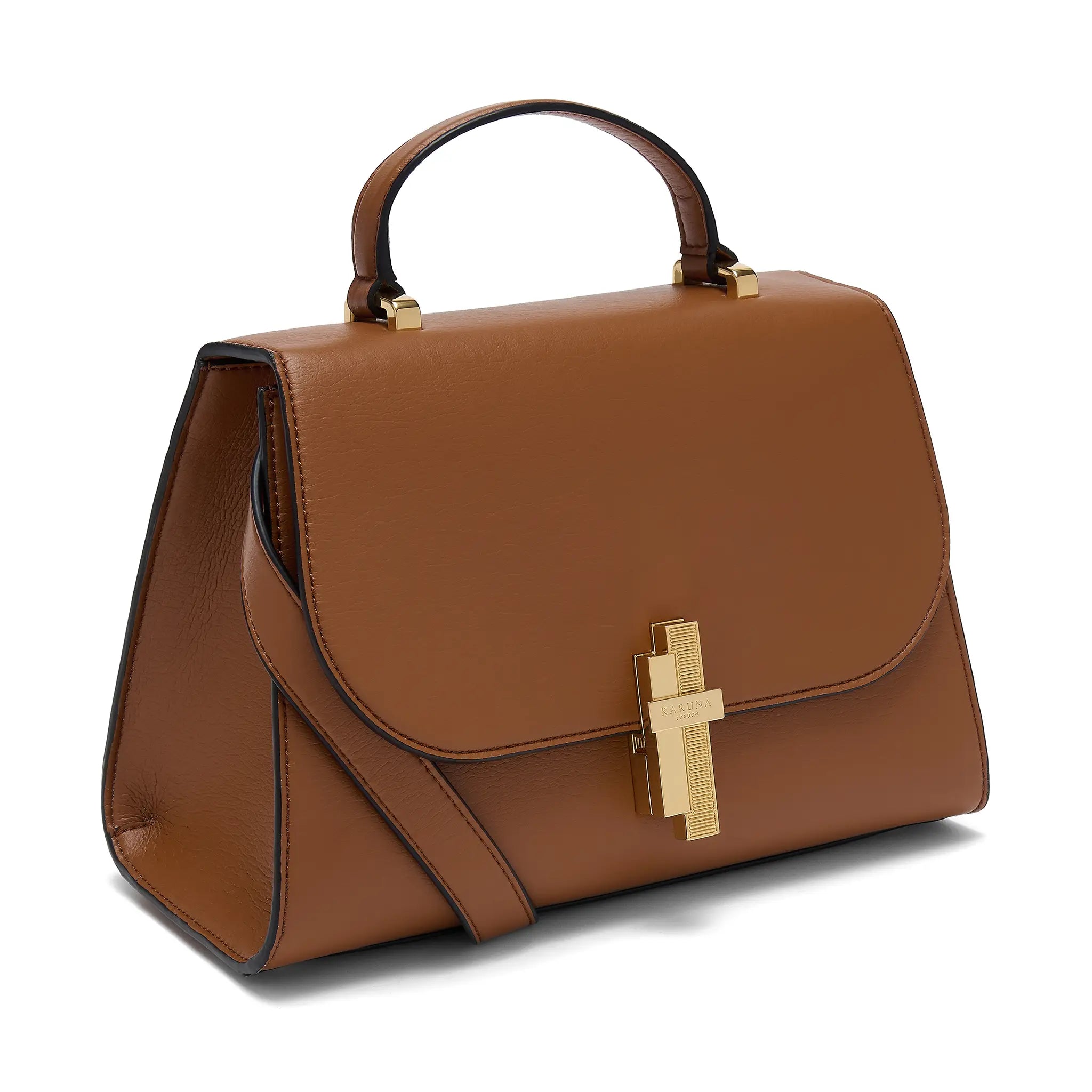 Karuna London Maddox cinnamon top handle bag side view