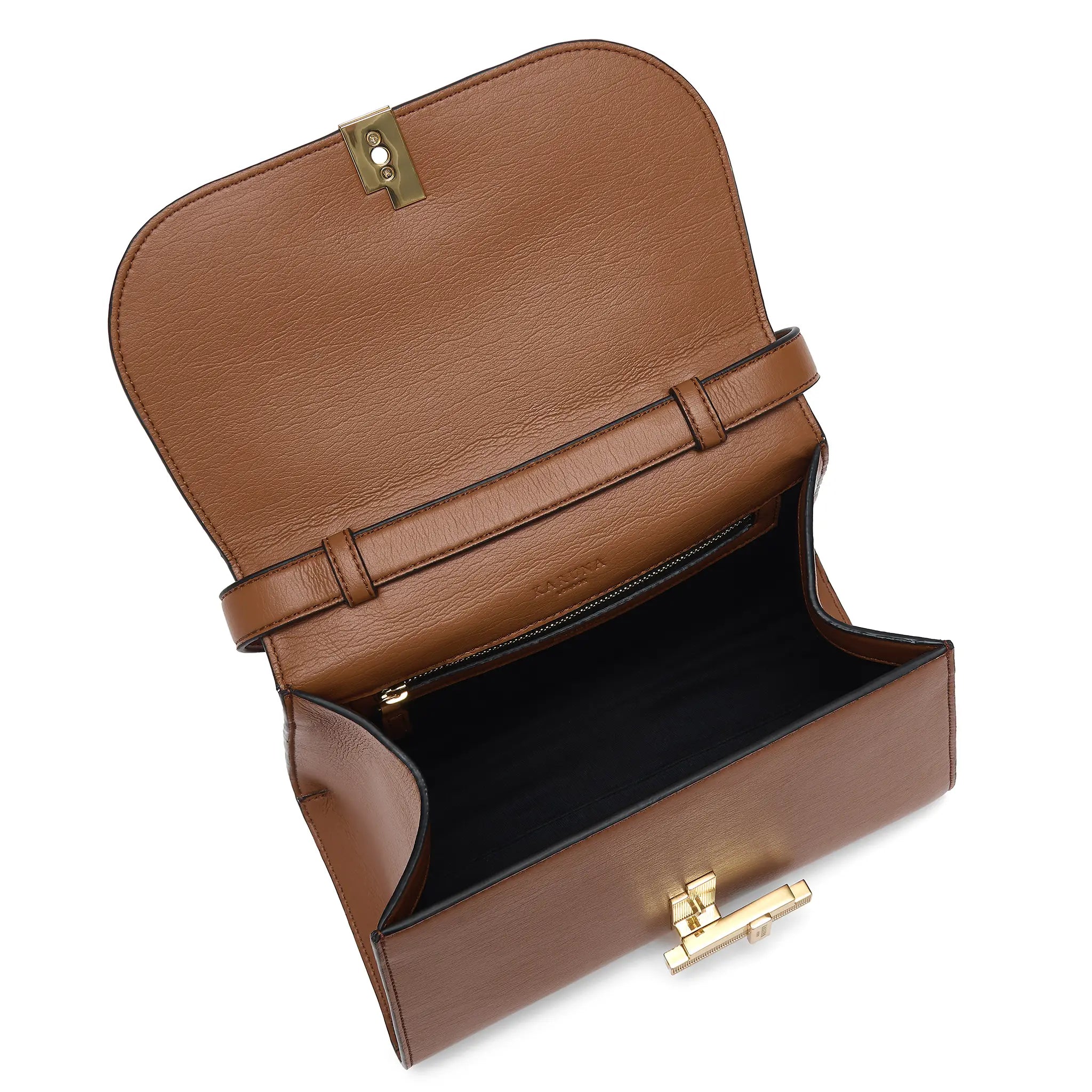 Karuna London Maddox cinnamon top handle bag inside view