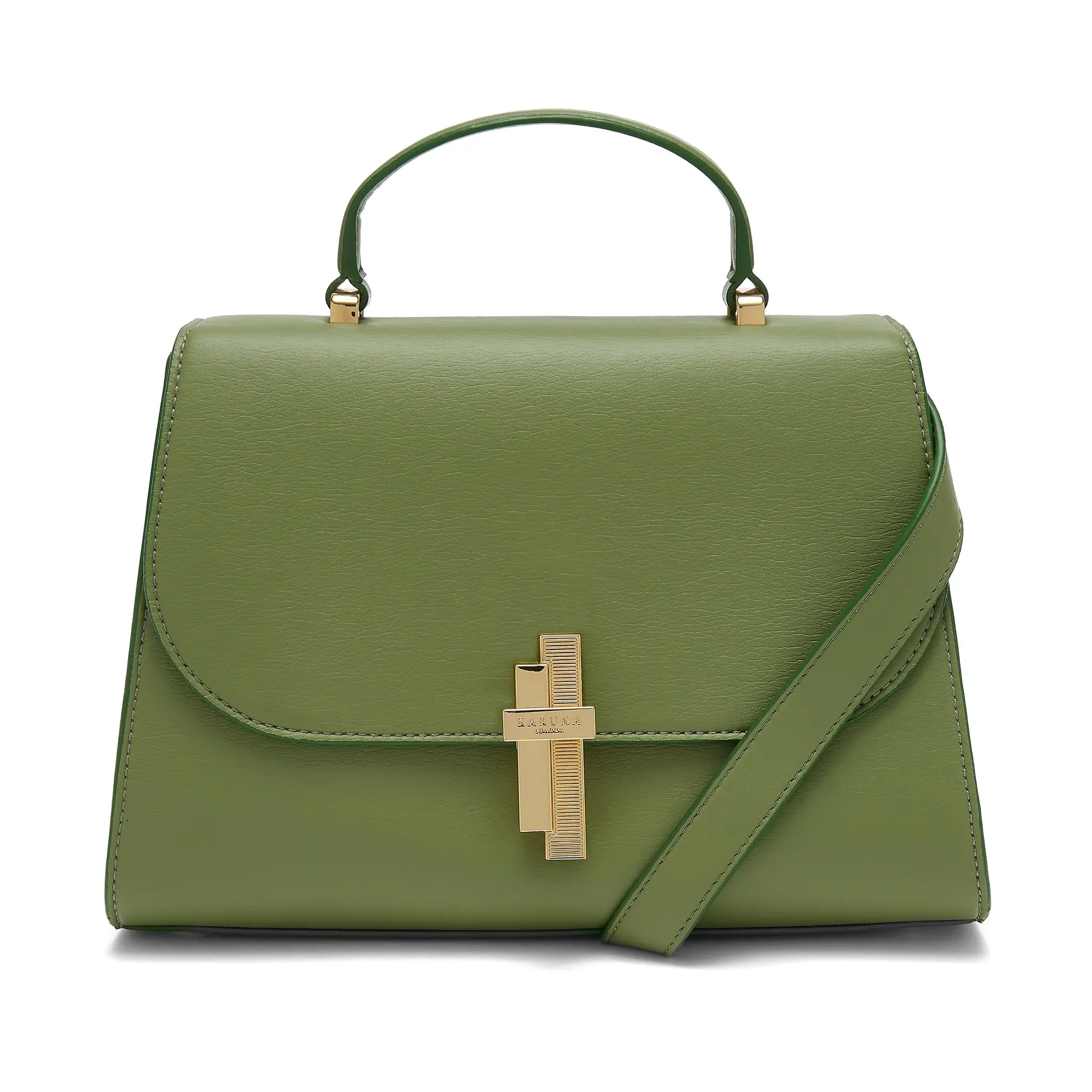 Karuna London Maddox olive green top handle bag front view