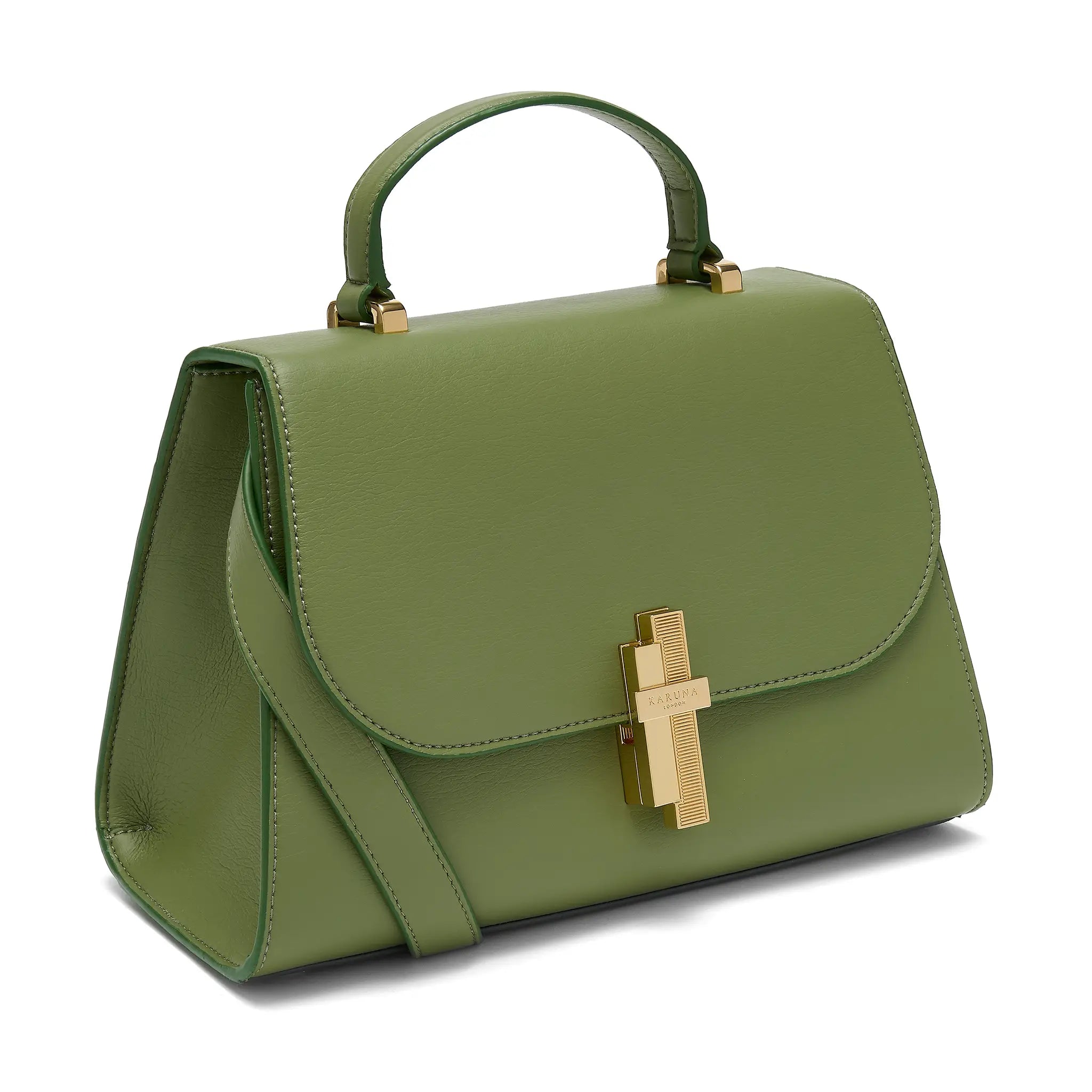 Karuna London Maddox olive green top handle bag side view