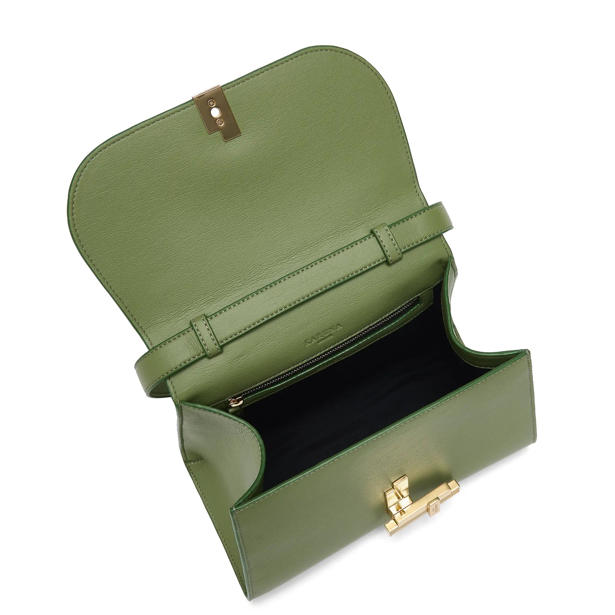 Karuna London Maddox olive green top handle bag inside view