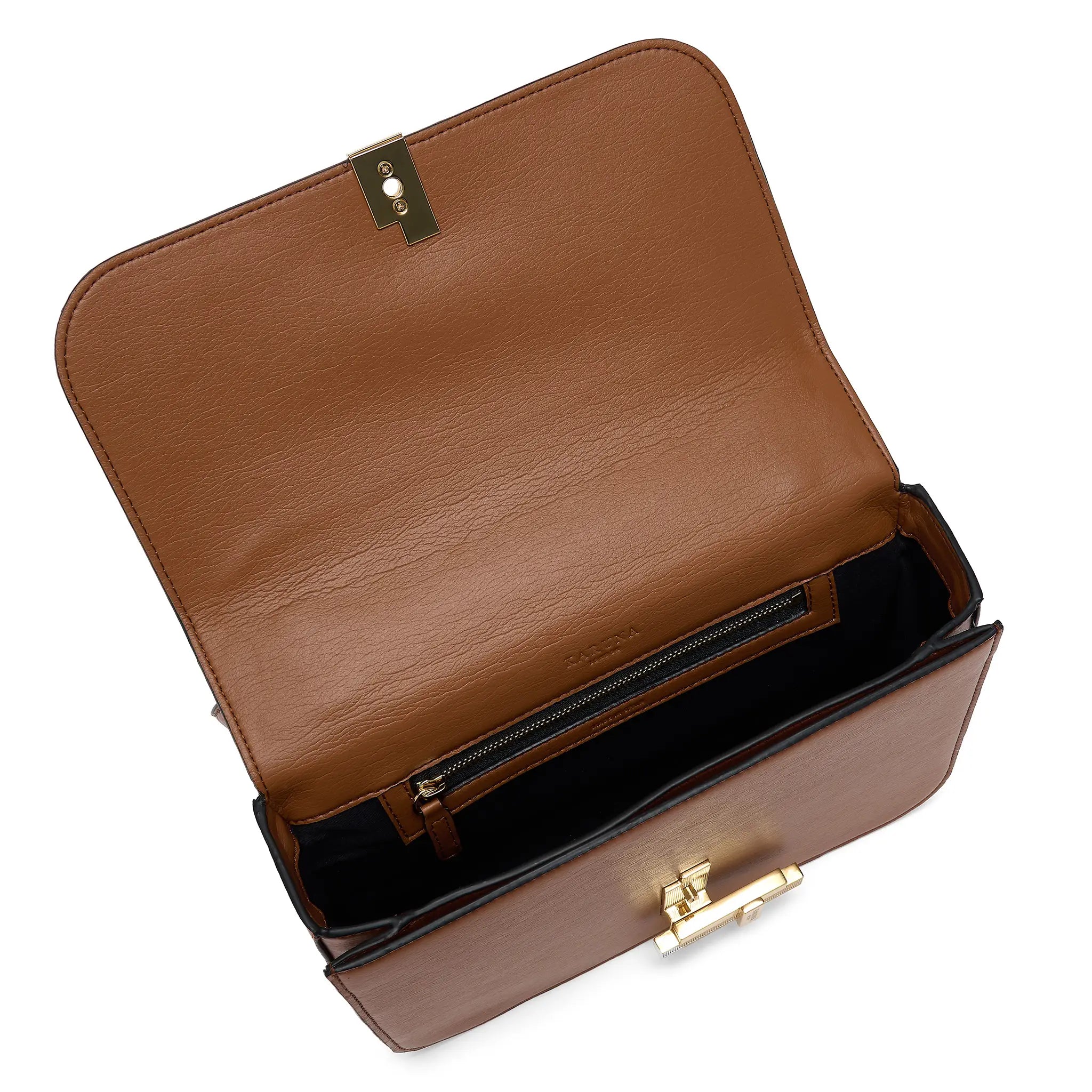 Karuna London Melrose cinnamon cross body bag inside view