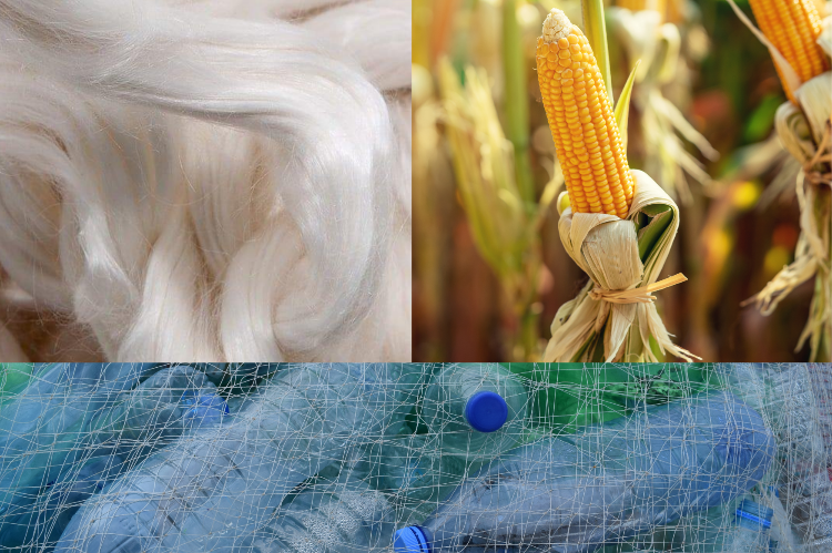 Vegan leather components including recycled plastic and agricultural waste.